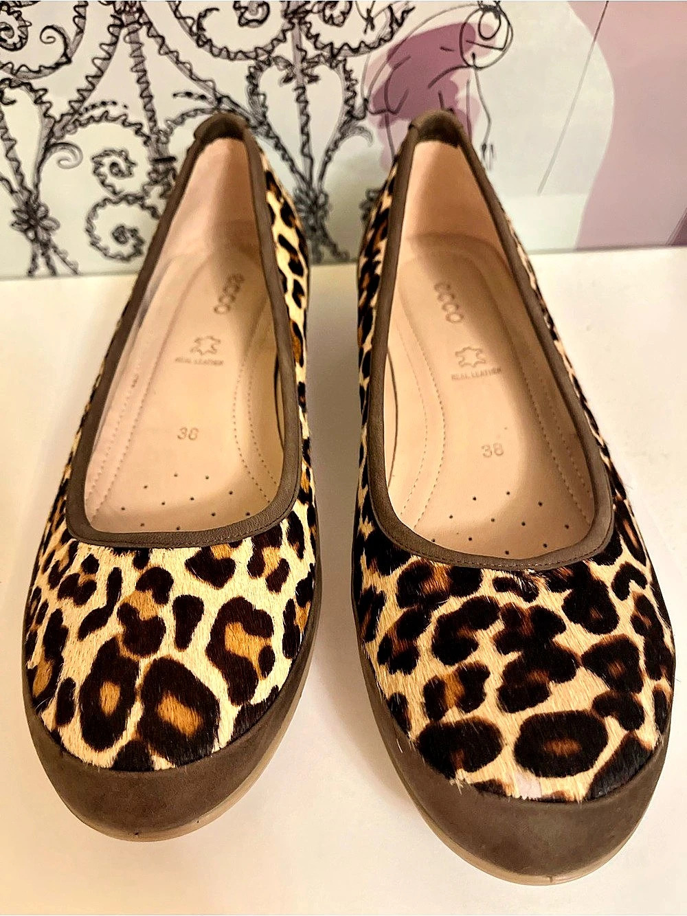 ECCO Leopard Print Calf Hair Ballet Flats Brown Nubuck Trim EU 38 US 7.5-8